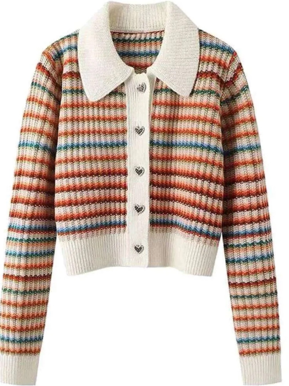 Cropped Stripe Knit Cardigan Sweater - Cream with Multicolor Stripes